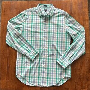 J.Crew mens blue green plaid button down wrinkle free spring preppy size L​